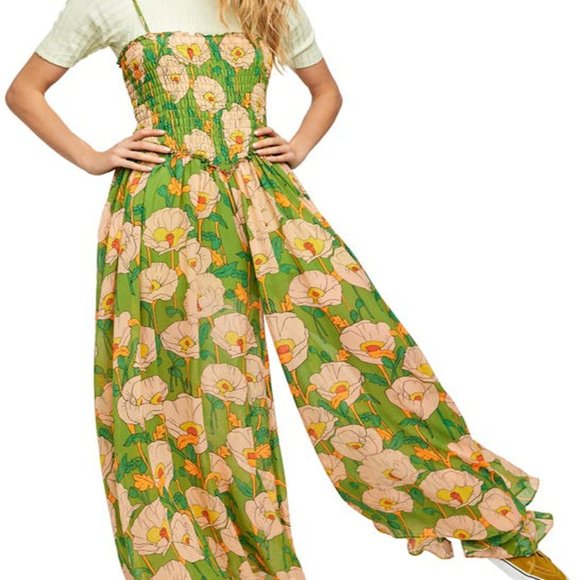 Free People Pants - Free People Sophia Smocked Sleeveless Jumpsuit - Avocado - XL